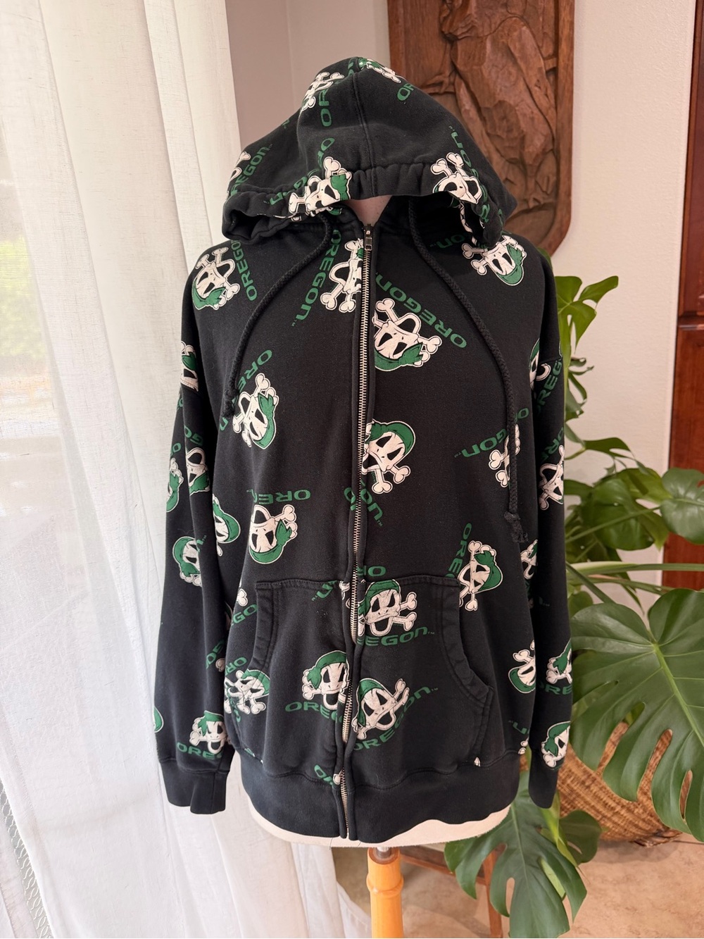 Y2K Oregon Ducks Skull Zip Hoodie Mens L Black Graphic Grunge Streetwear